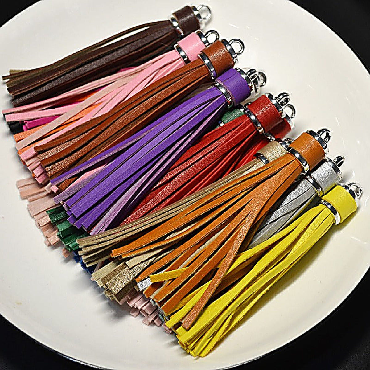 Silver PU Leather Tassel Keychain Metallic 9cm Length