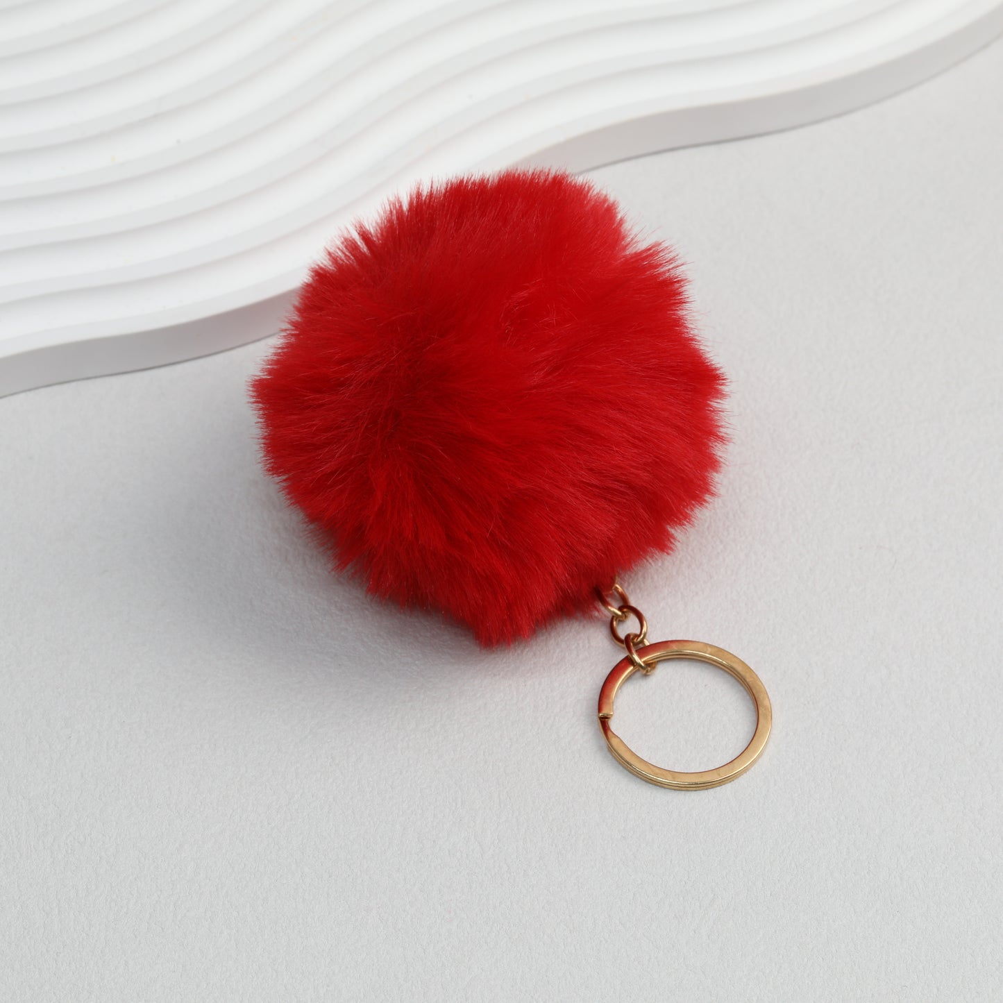Pom Pom Keychain Plush Violet Faux Fur Ball Gold Ring 8cm