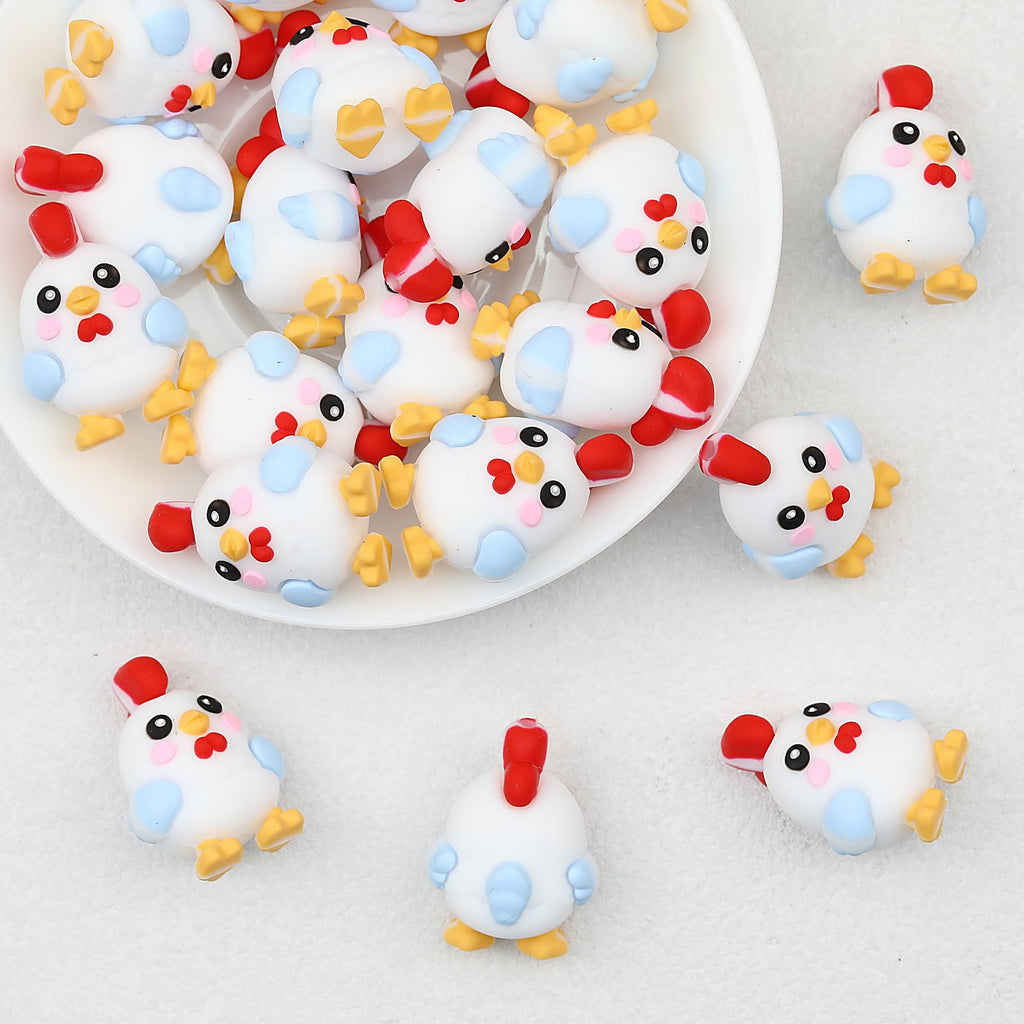 Cute 3D Chicken Silicone Focal Beads White Blue Yellow Red 20pcs
