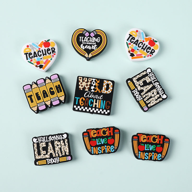 Silicone Focal Beads Teachers Day Heart Shaped Text Motifs 20pcs
