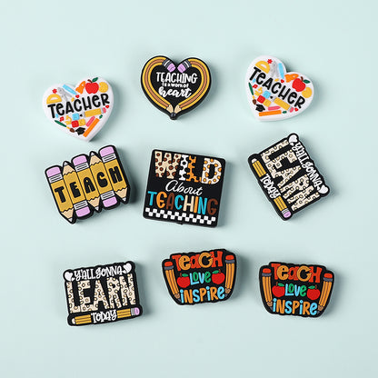 Silicone Focal Beads Teachers Day Heart Shaped Text Motifs 20pcs