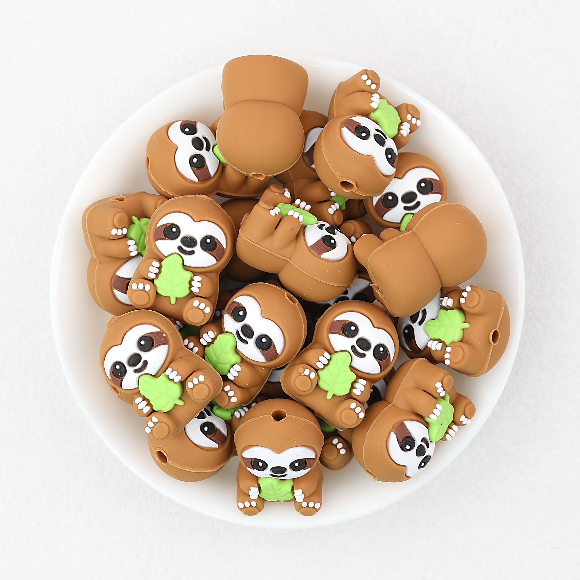 3D Sloth Silicone Focal Beads with Green Leaf 20pcs
