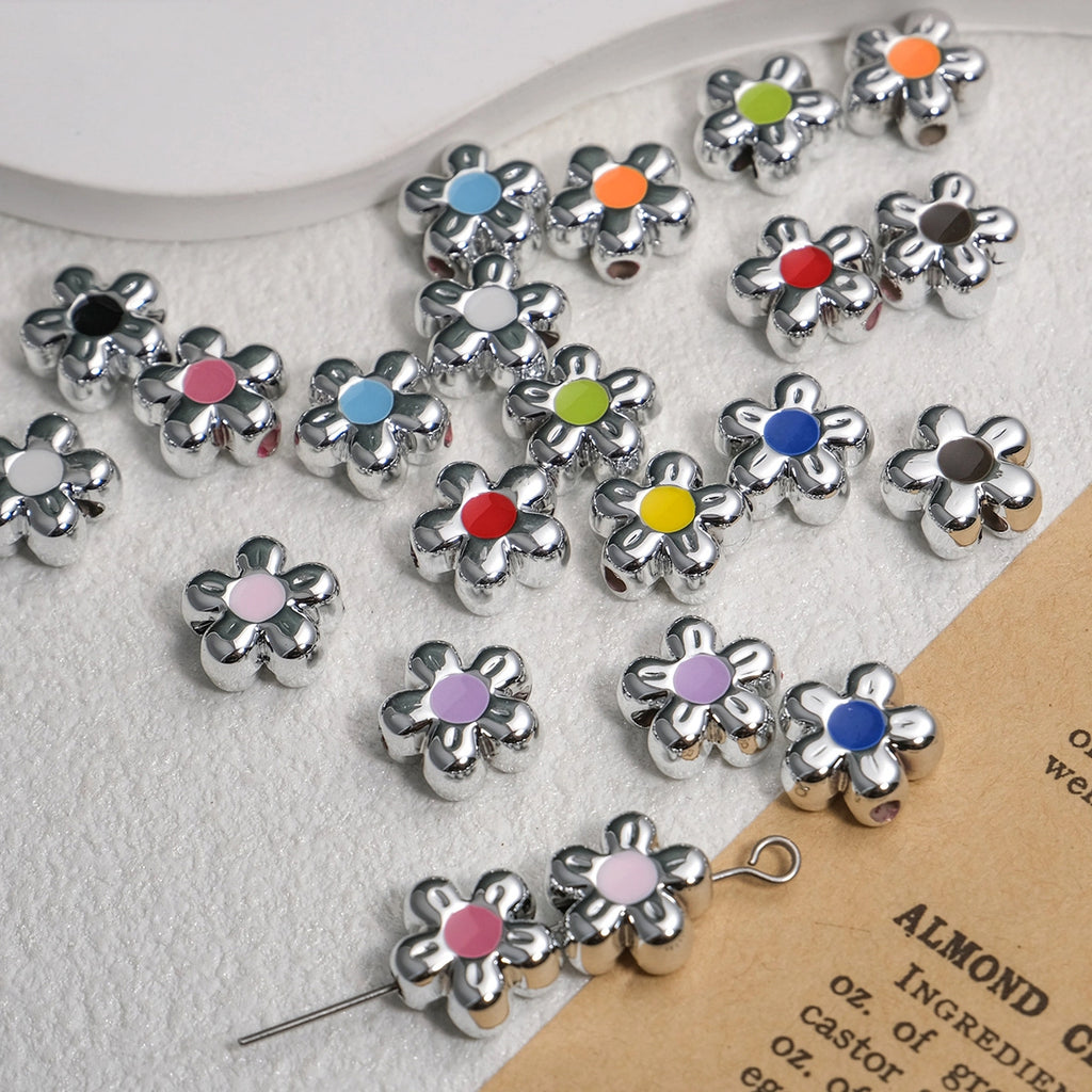 Silver Cherry Blossom Acrylic Beads 12mm Enamel 50pcs