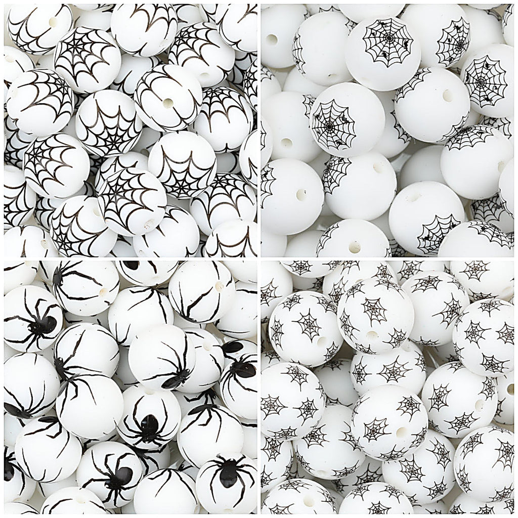 15mm Halloween Spider Web Printed Silicone Beads White Black 50pcs