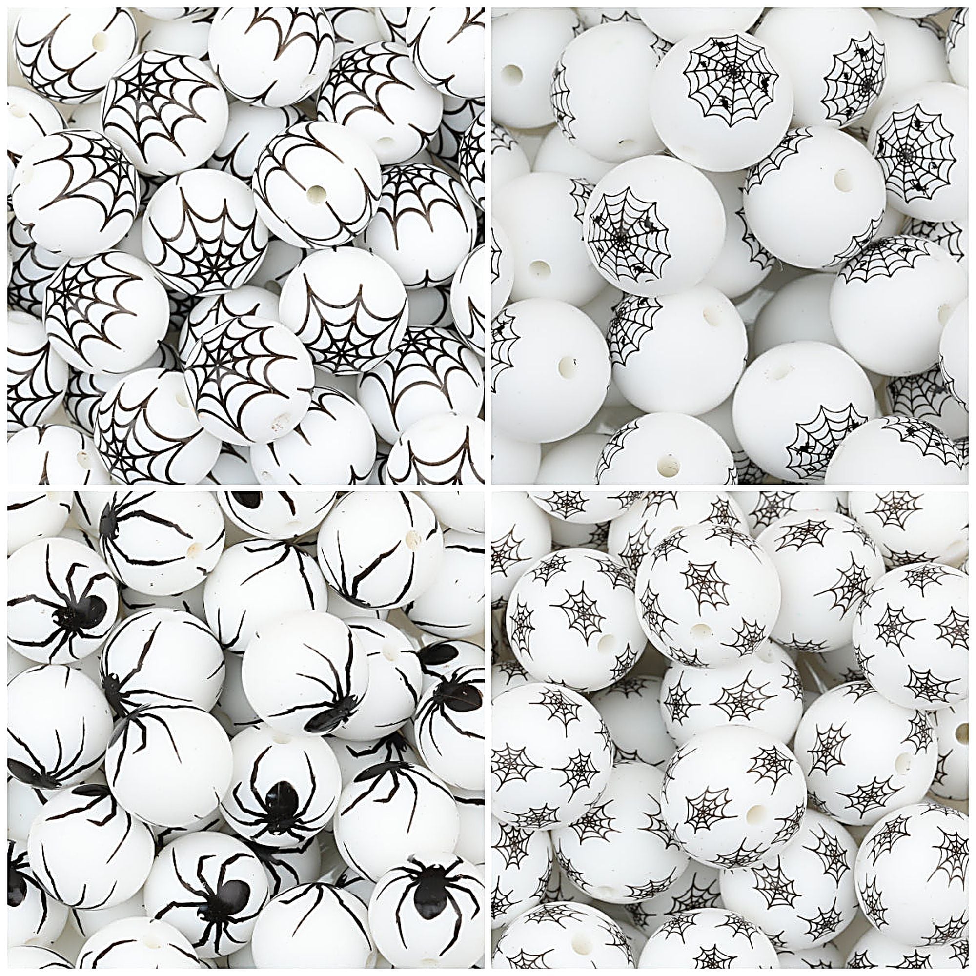 15mm Halloween Spider Web Printed Silicone Beads White Black 50pcs