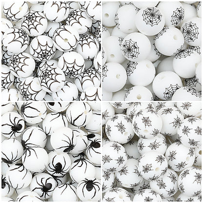 15mm Halloween Spider Web Printed Silicone Beads White Black 50pcs