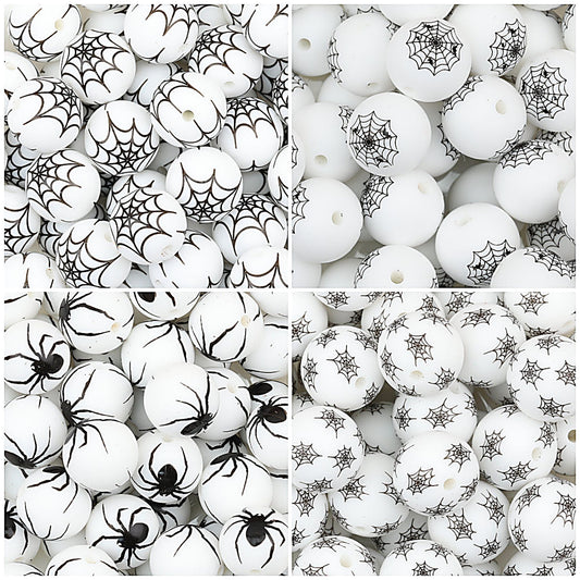 15mm Halloween Spider Web Printed Silicone Beads White Black 50pcs