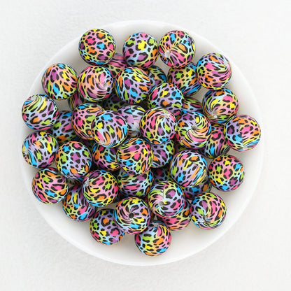 15mm Leopard Print Pattern Silicone Round Beads 50pcs - Multicolor Leopard