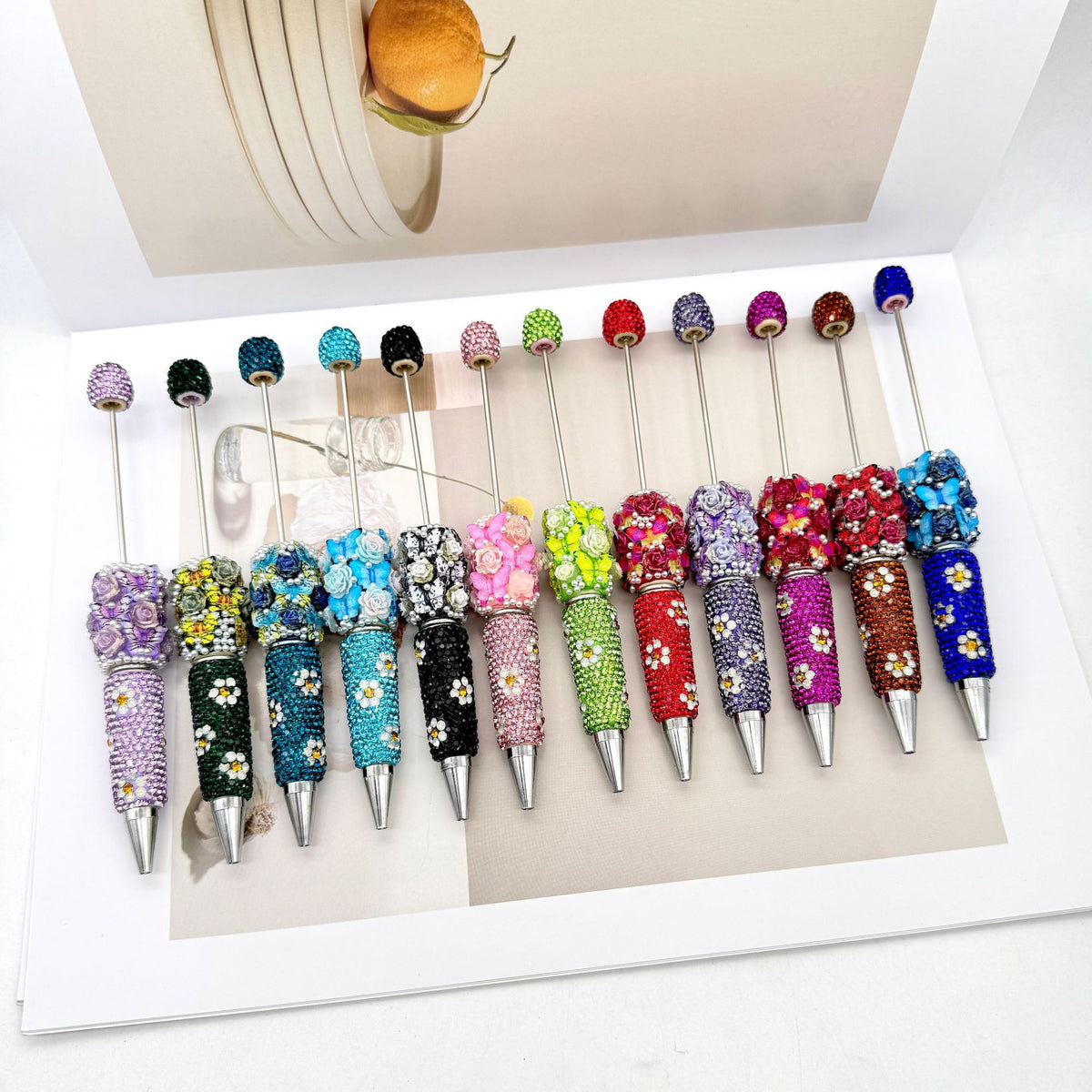 Beadable Pen with Butterfly and Rose Pearls Decorative Handle 