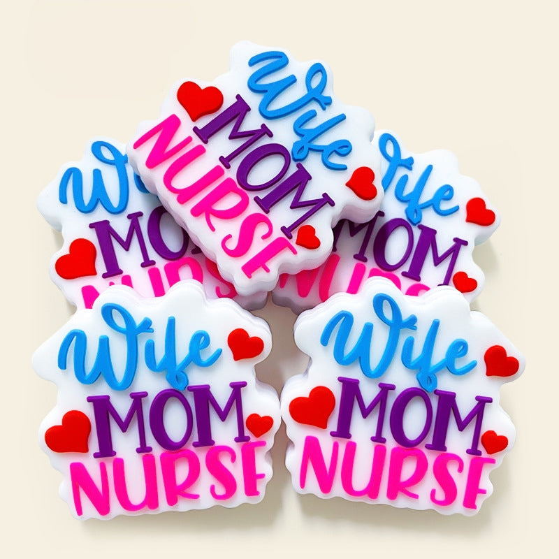 Silicone Focal Beads Nurse Mom Colorful Hearts Lettering 20pcs