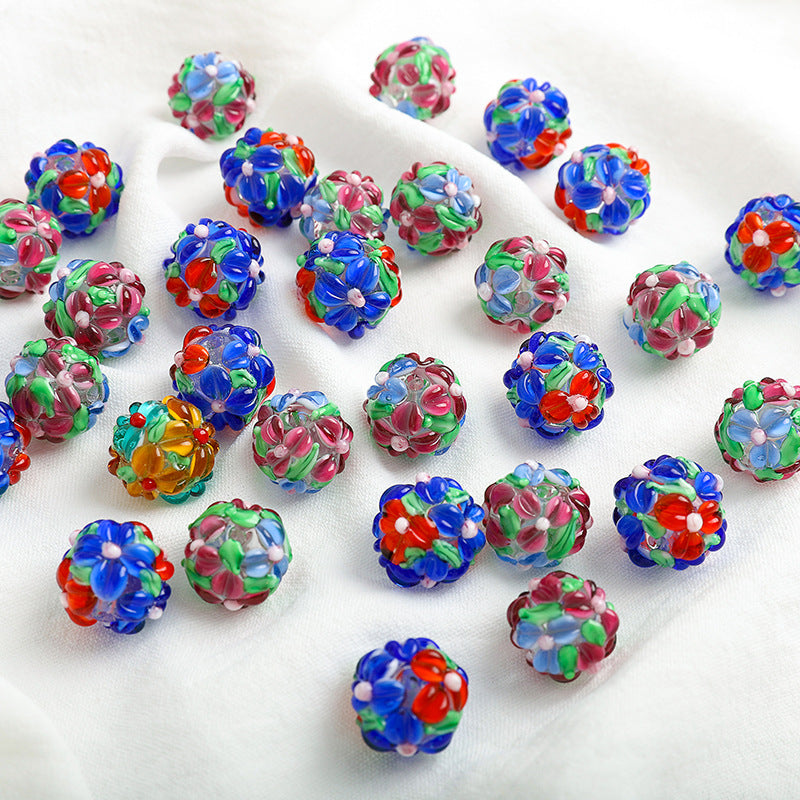 Colorful Flower Pattern Round Glass Beads 15mm 10pcs 4