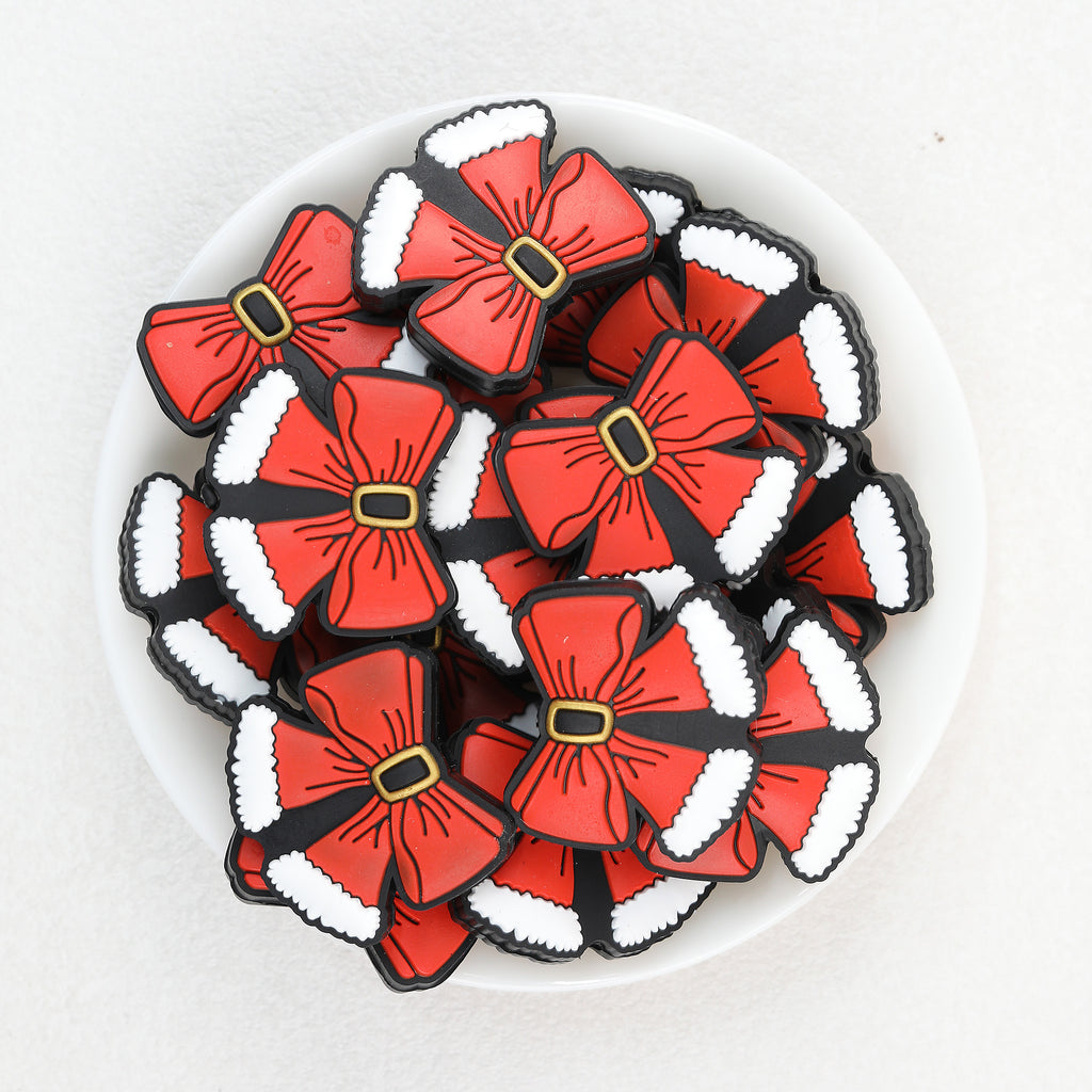 Santa Bow silicone focal beads Wholesale, Red Christmas Hat Trim White-Black Flat