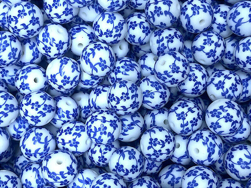 15mm Silicone Beads White Background Blue Flower Print 50pcs