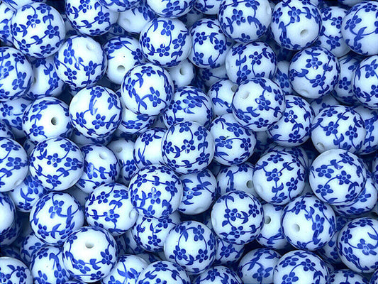15mm Silicone Beads White Background Blue Flower Print 50pcs