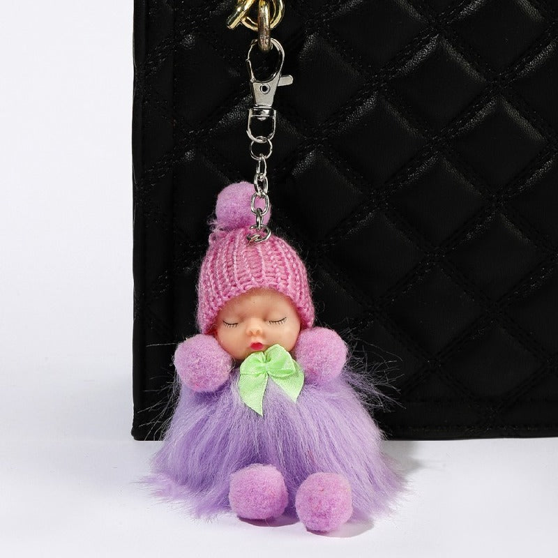 Plush Sleep Doll Keychain Soft Pom Pom Body Knitted Hat Zinc Alloy 4