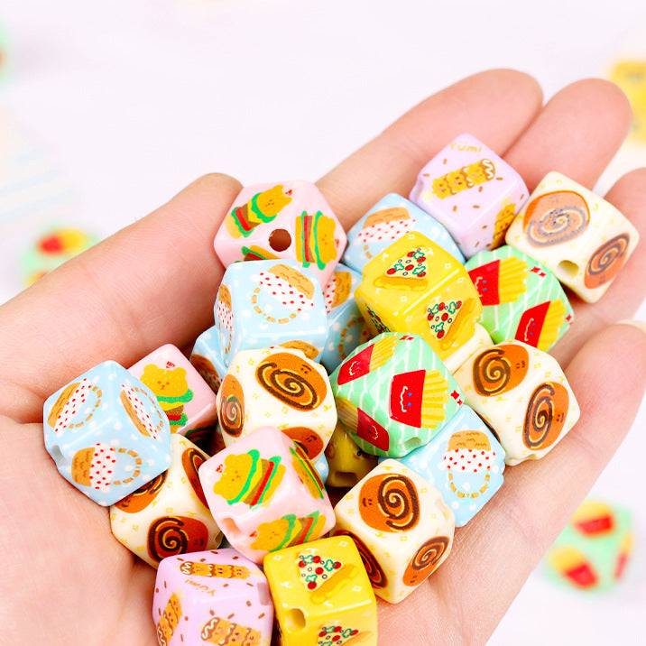 Burger Fries Printed Acrylic Square Beads 14mm Diagonal Hole 10pcs 4