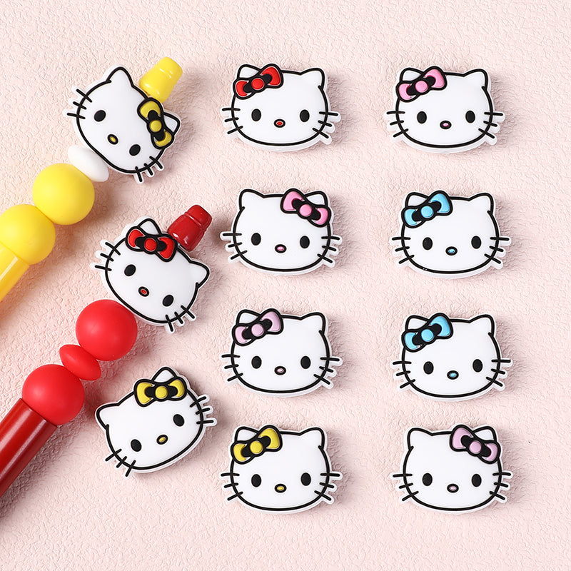 Silicone Focal Beads KT Cat Head With Pink and Red Bow 20pcs 2
