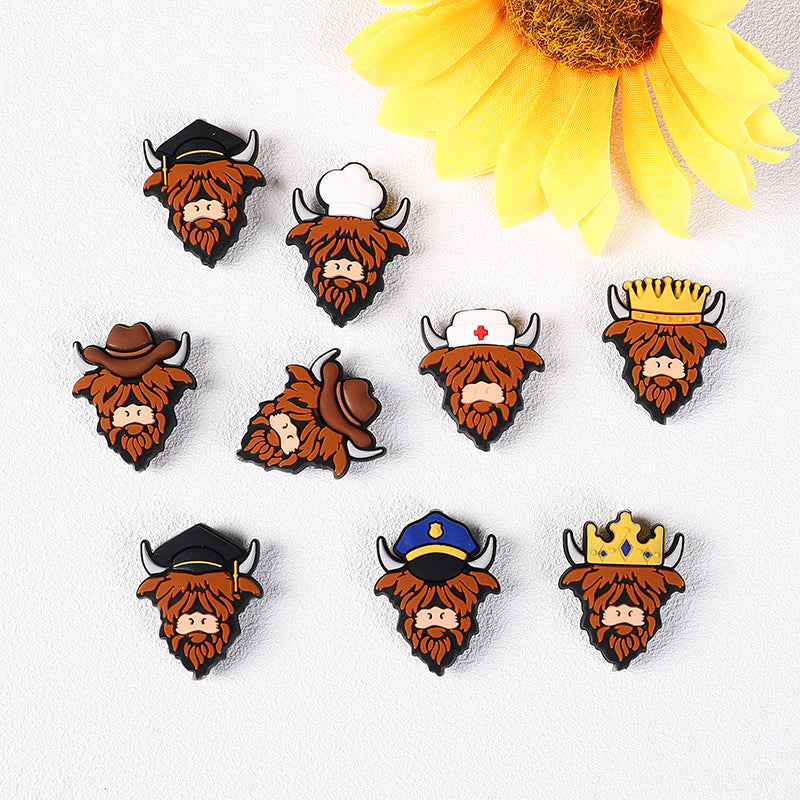 Silicone Focal Beads Highland Cattle Wearing Police Hat Crown 20pcs 9