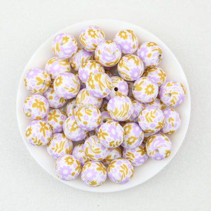 15mm Floral Printed Round Silicone Beads Detailed Design 50pcs 3
