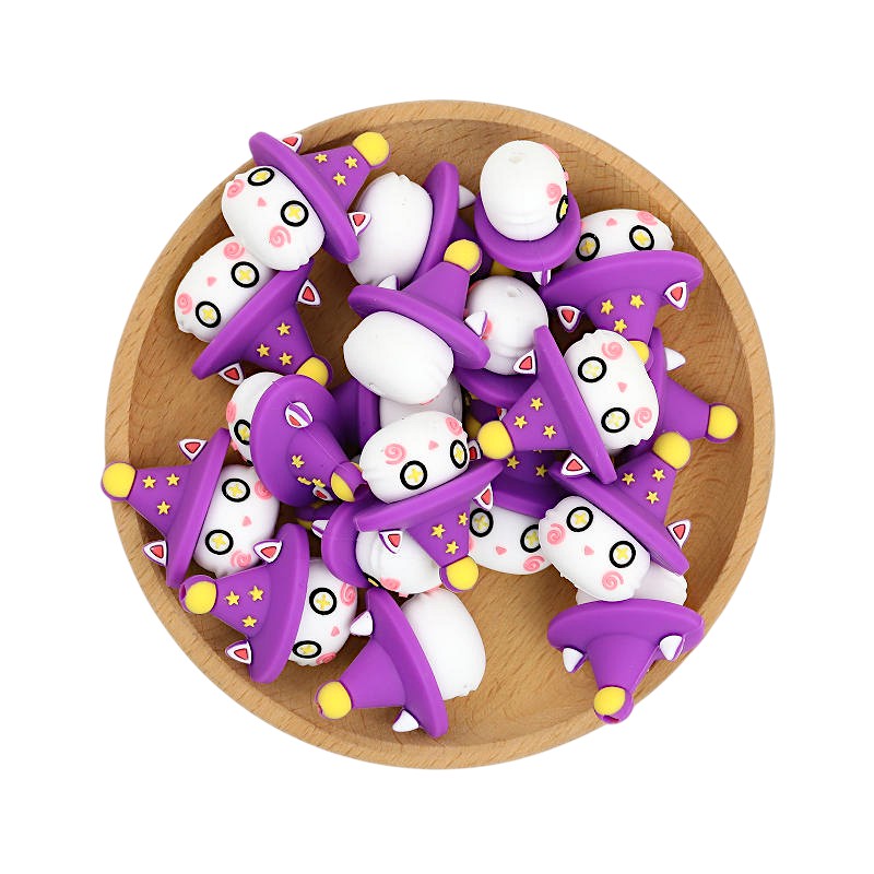 Silicone 3D Focal Beads Halloween White Imp Wearing Purple Witch Hat 20pcs 2