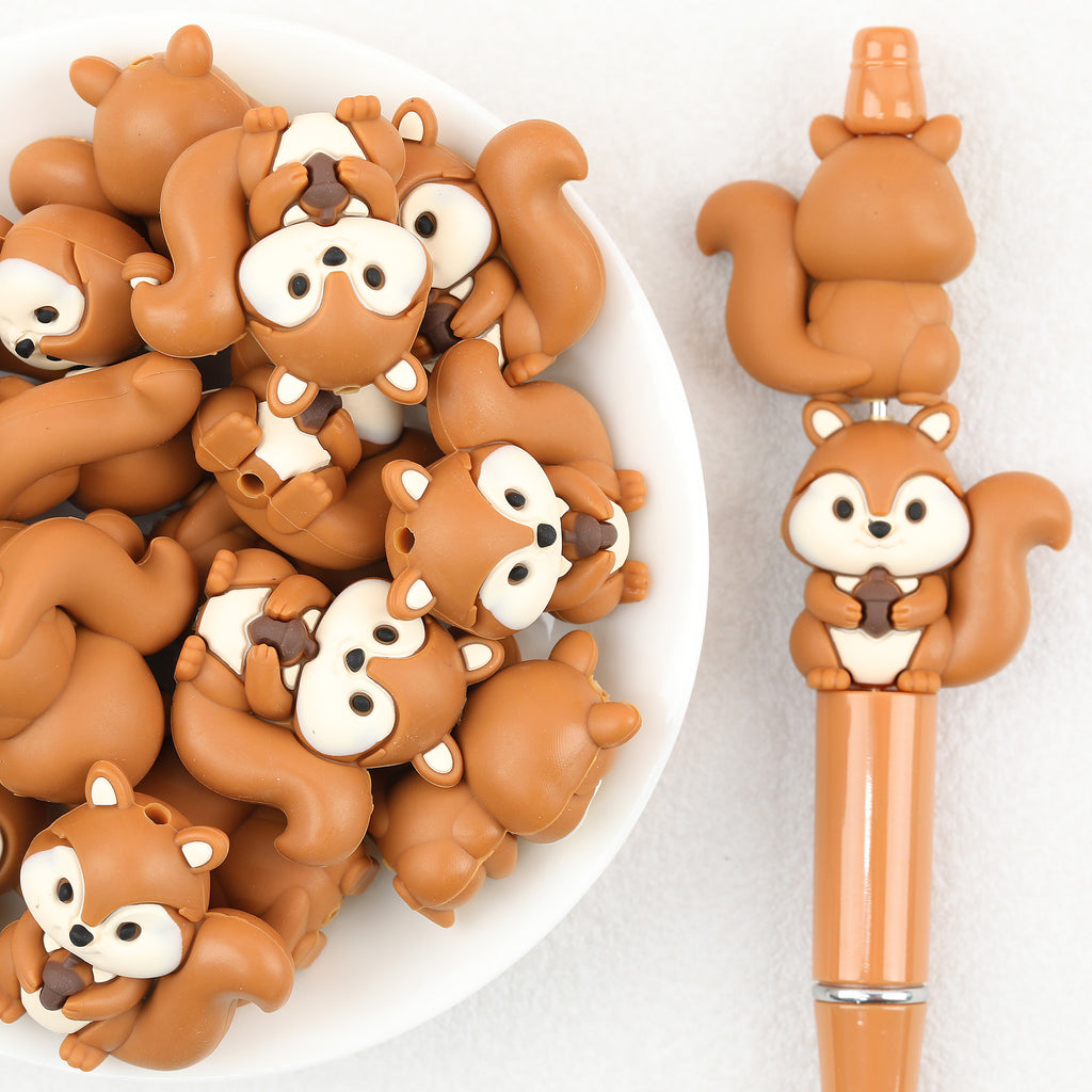 3D Light Brown Squirrel Holding Pine Cones Silicone Focal Beads 20Pcs 