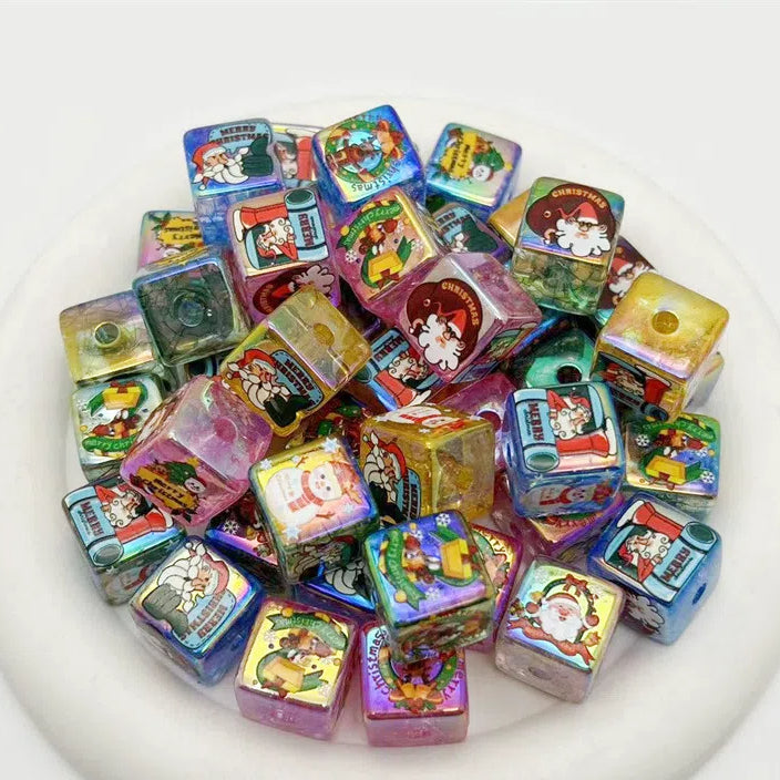 UV Plating Square Acrylic Beads 16mm Christmas Printed 10pcs 4