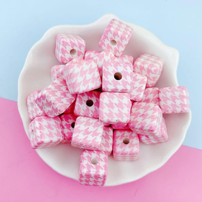 Houndstooth Square Acrylic Beads 16mm Colorful Pattern 10pcs 8