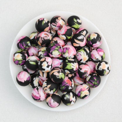 15mm Floral Printed Round Silicone Beads Detailed Design 50pcs 9