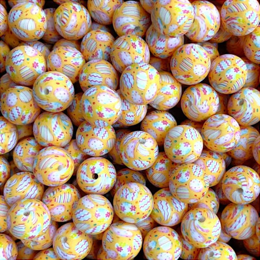 Easter 15mm Silicone Beads Yellow Red Color Egg Printed 50pcs