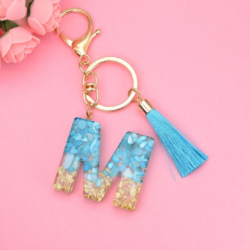 Blue Resin Tassel Monogram Keychain with Gold Flake Accent 15