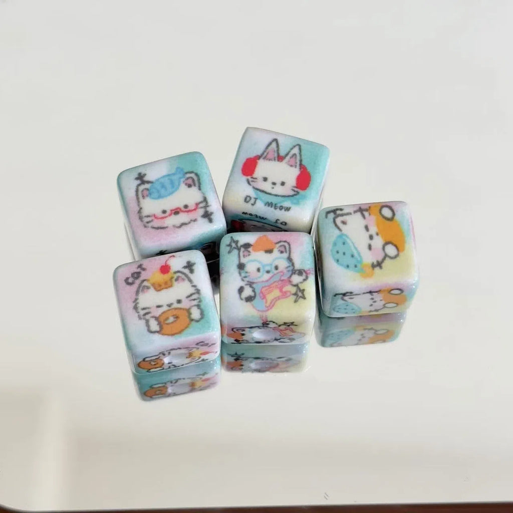 Kitten Holding Fish Acrylic Square Beads 14mm Pastel 10pcs