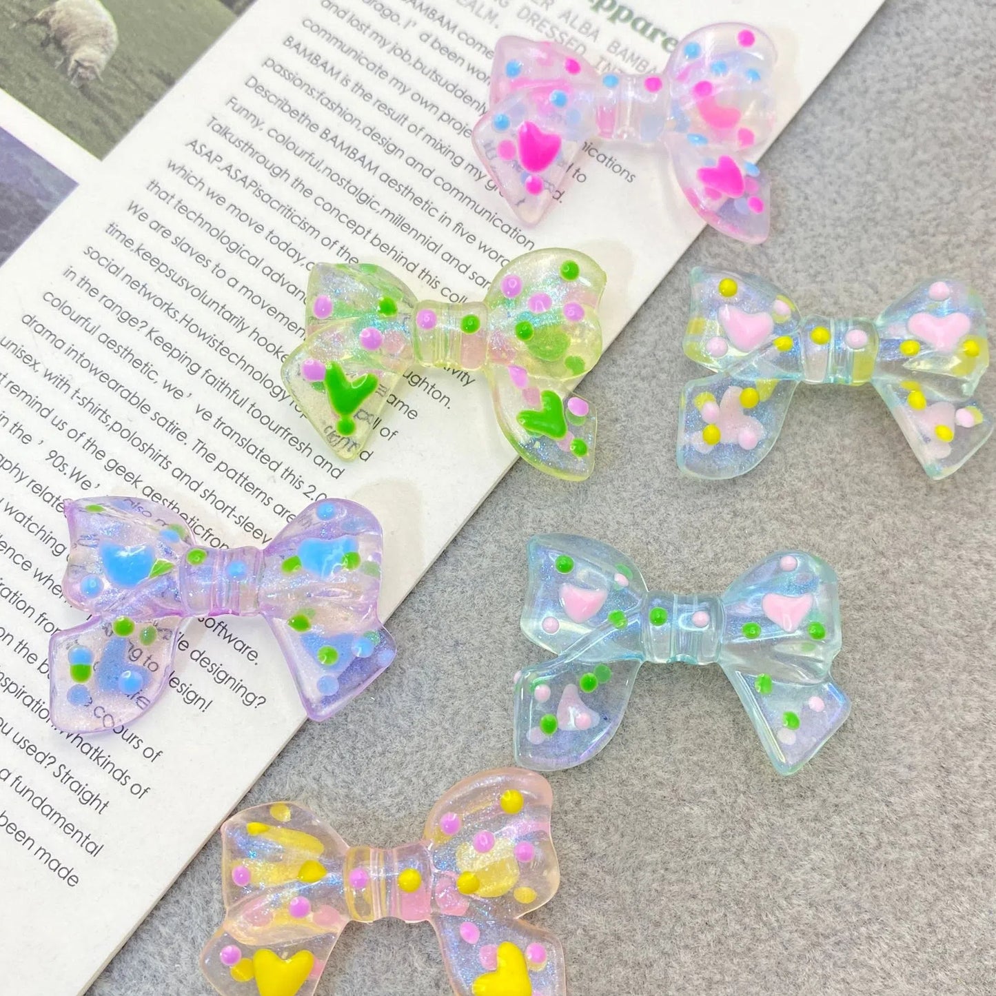 Hand Painted Bow Acrylic Beads 25-33mm Colorful Polka Dot 10pcs
