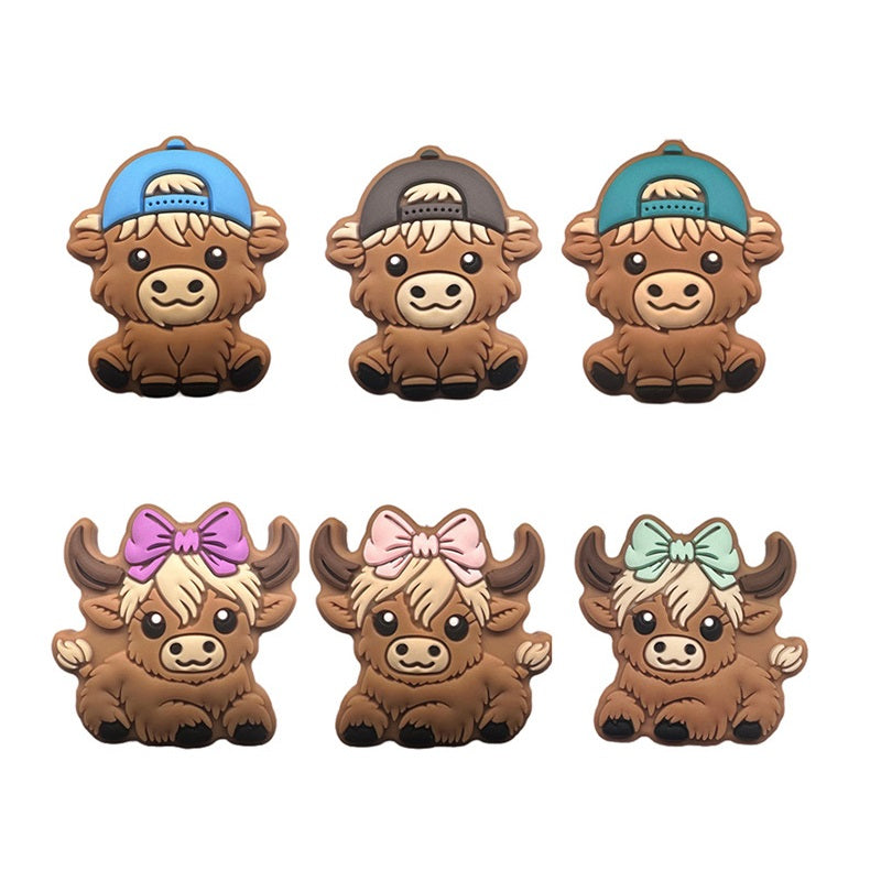 Silicone Focal Beads Highland Cow Boy Girl With Bow And Cap 20pcs