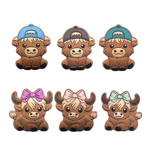 Silicone Focal Beads Highland Cow Boy Girl With Bow And Cap 20pcs