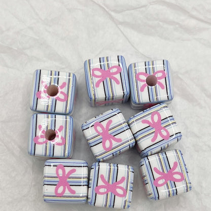 Printed Square Acrylic Beads 14mm Fresh Pink Tone 10pcs 13