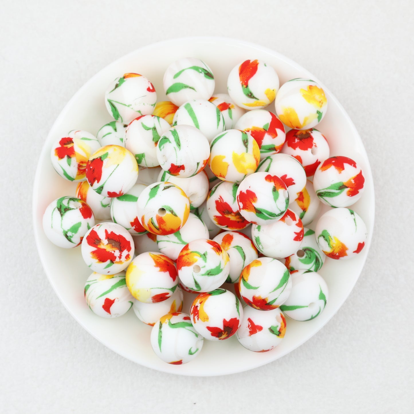 15mm Light Floral Print Round Silicone Beads 50 pcs 10