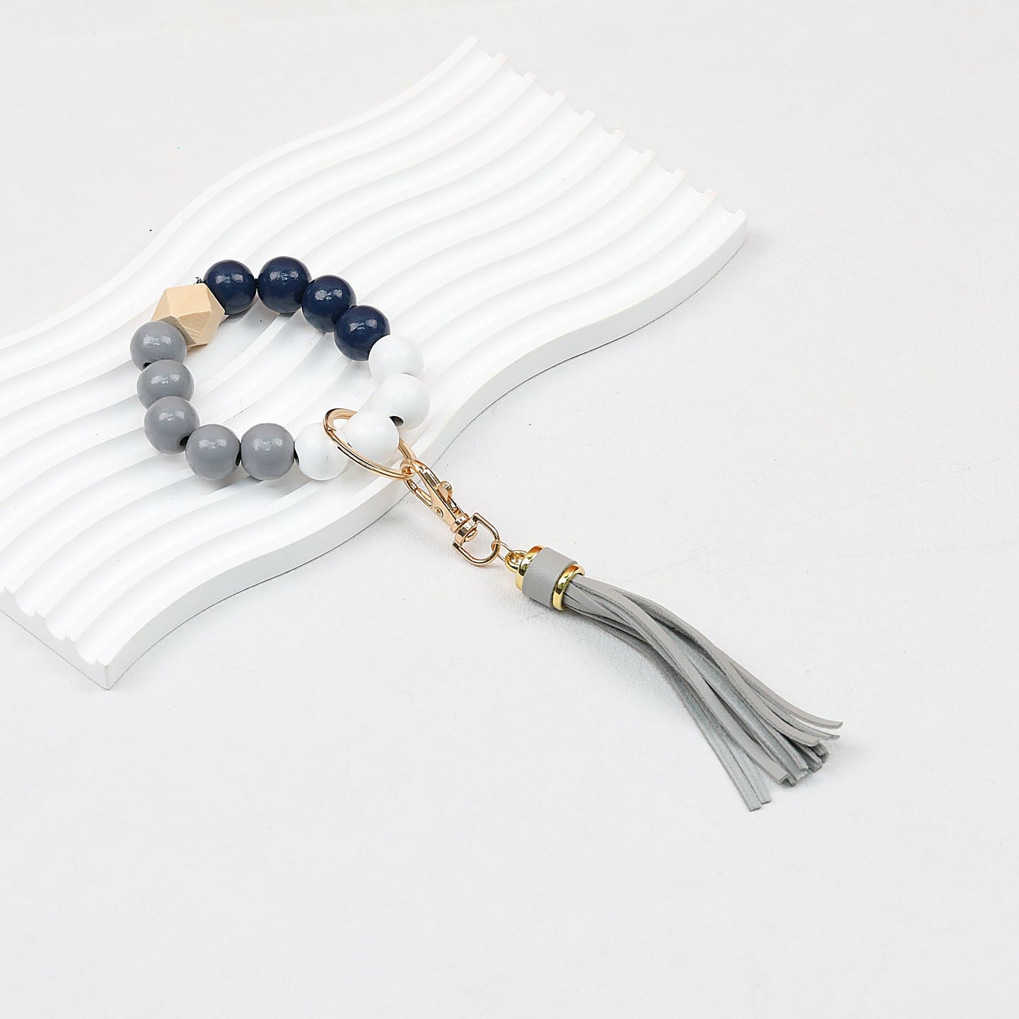 Tassel Wooden Beaded Keychain with PU Leather Tassel 23x10cm - grey