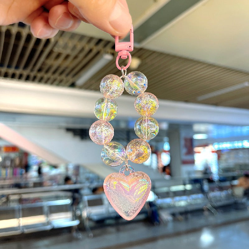 Crystal Bubble Heart Beaded Keychain Glass Iridescent Pink