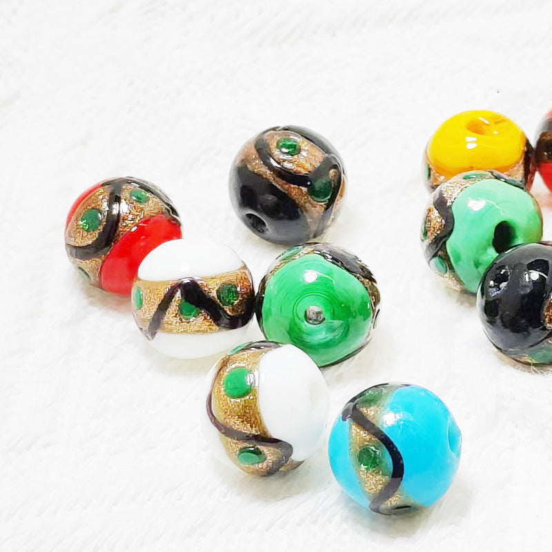 Lampwork Glass Beads Round 12mm Vintage Wavy Line Gold Foil 10pcs