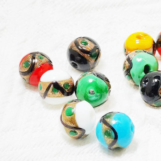 Lampwork Glass Beads Round 12mm Vintage Wavy Line Gold Foil 10pcs