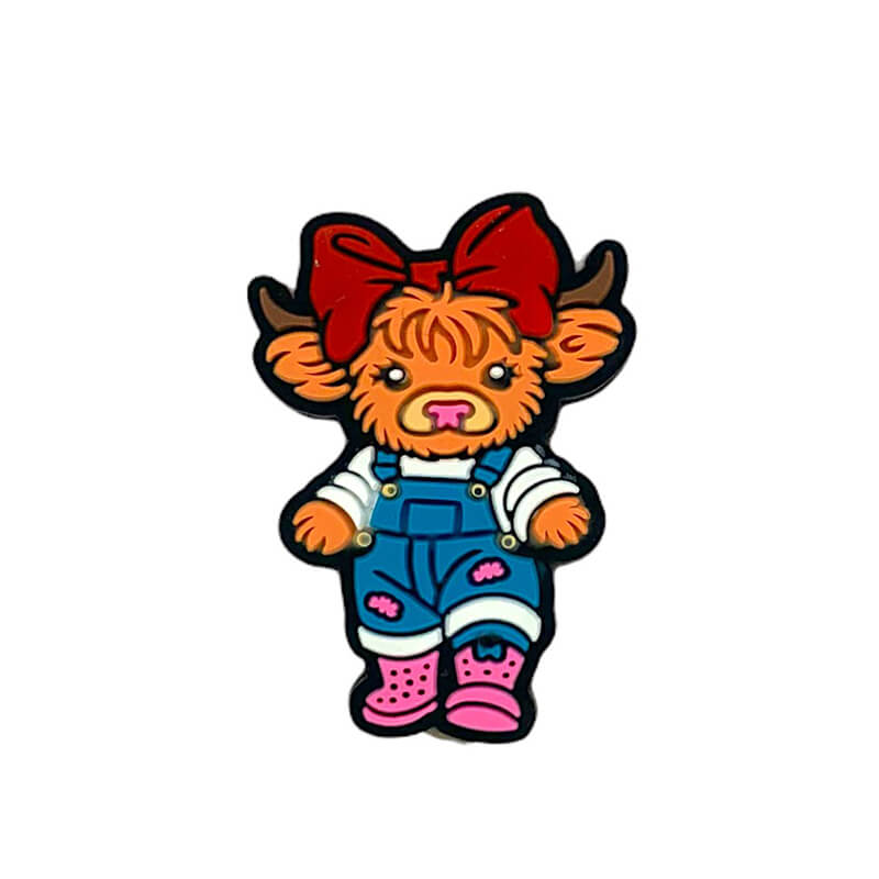 Silicone Focal Beads Girl Cow Wearing Red Bow Pink Boots