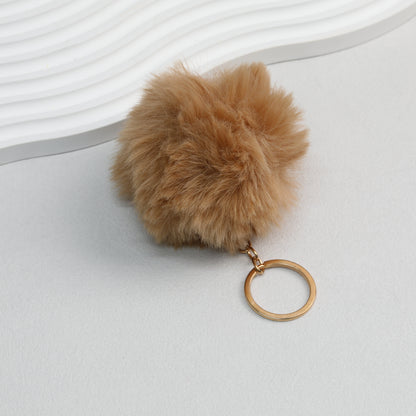Pom Pom Keychain Plush Violet Faux Fur Ball Gold Ring 8cm