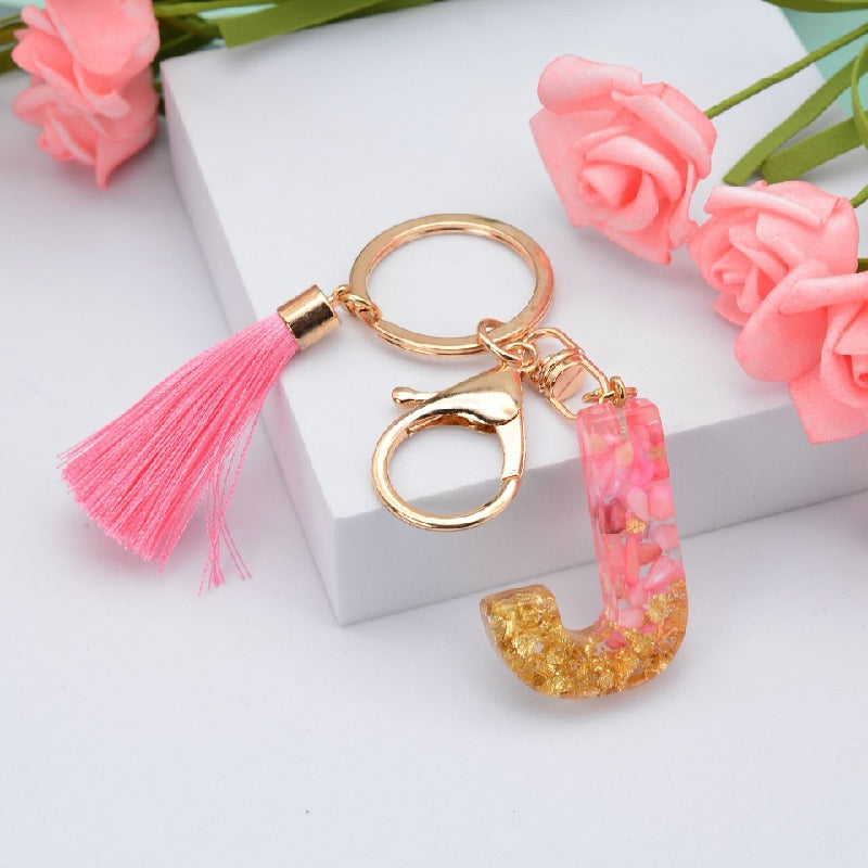 Resin Floral Pink Tassel Monogram Keychain Alphabet Letter A 10