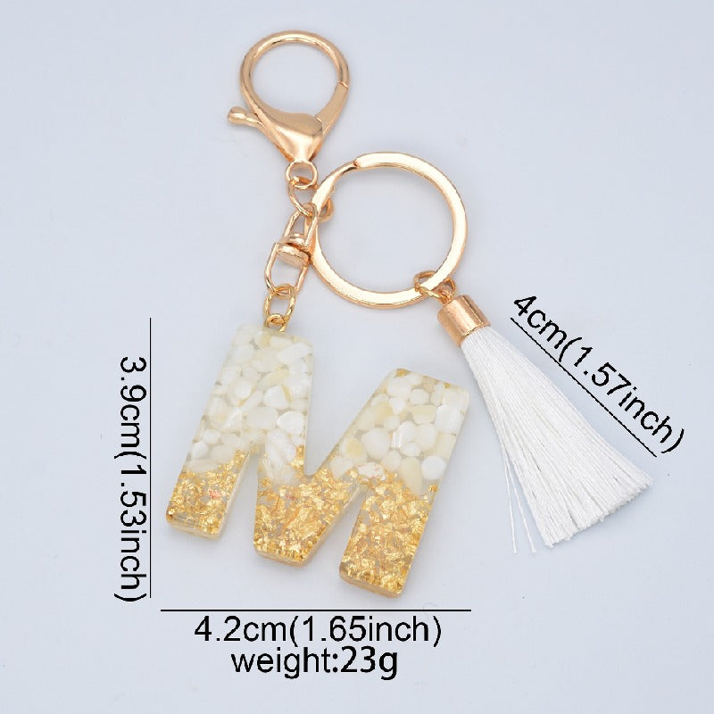 Tassel Letter A Keychain Resin Gold Flakes White Tassel 5