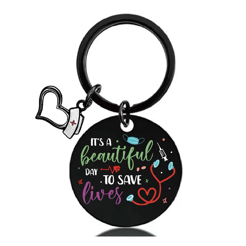 Stainless Steel Nurse Nursing Heart Cap Charm Color Printing Keychain 9