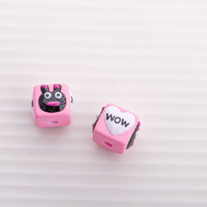Painted Square Acrylic Beads 15mm Circus Pig Rabbit Expression 5pcs 5