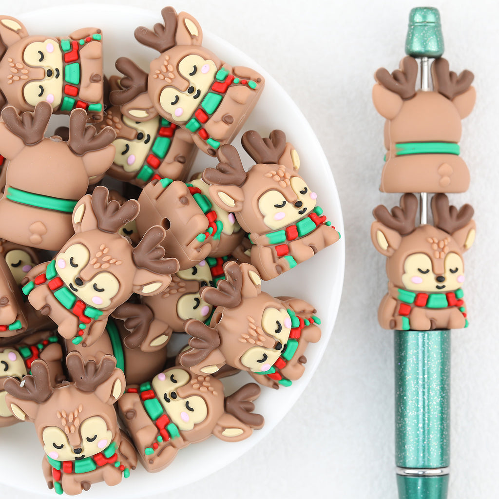 3D Reindeer Silicone Focal Beads Wholesale, Closed-Eye Scarf Christmas Design
