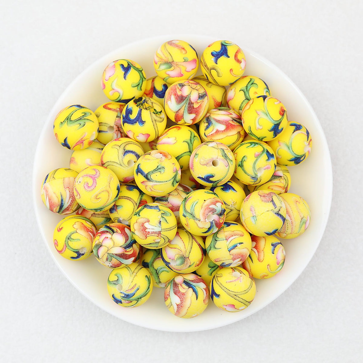 15mm Floral Printed Round Silicone Beads Detailed Design 50pcs - Yellow