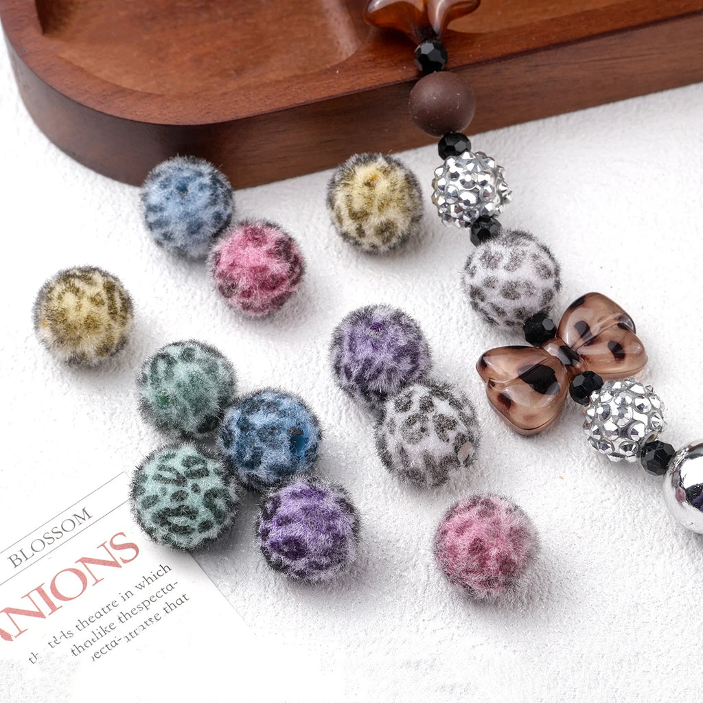 Flocking Leopard Acrylic Round Beads 15mm Colorful Mixed 20pcs