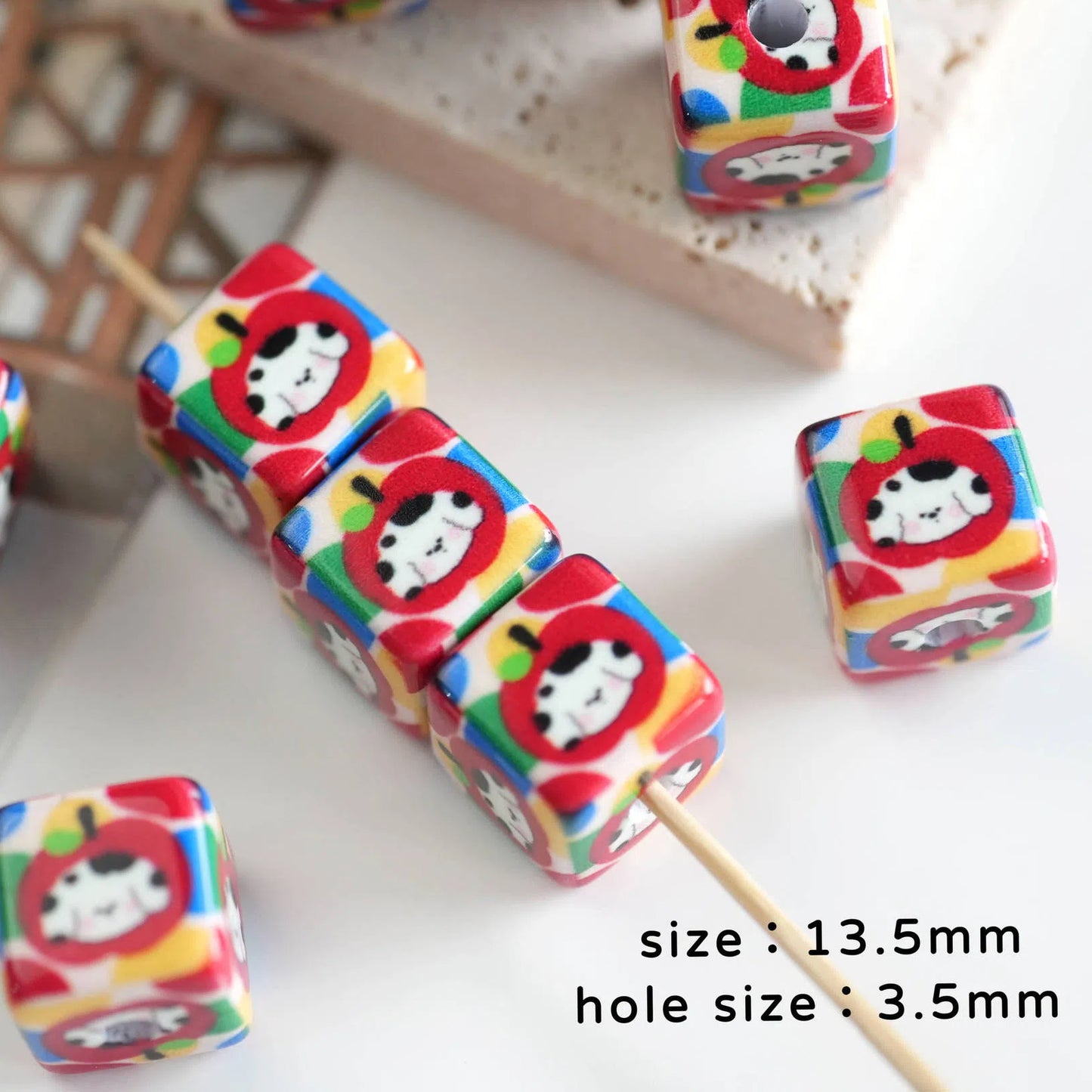 Square Acrylic Beads 13.5mm Cheerful Puppy Printed 10pcs 5
